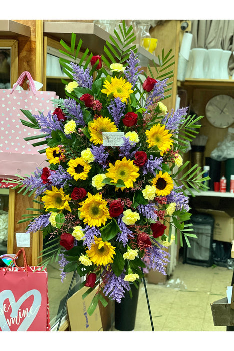 Sunlit Memories: Standing Spray of Sunflowers and Roses