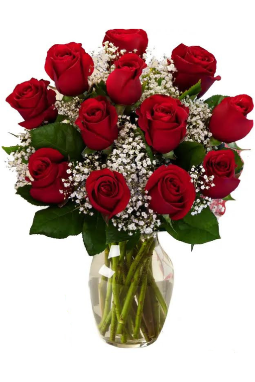 Red roses in a clear vase – short stem arrangement, available for same-day delivery in Hackensack NJ.