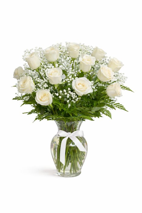 Elegant 12-Rose Vase Arrangement – Classic Red Roses with Baby’s Breath