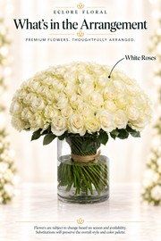 Eclore Floral — What's in the Arrangement: 100 Premium Roses Arrangement. Flower identification guide with seasonal availability disclaimer.