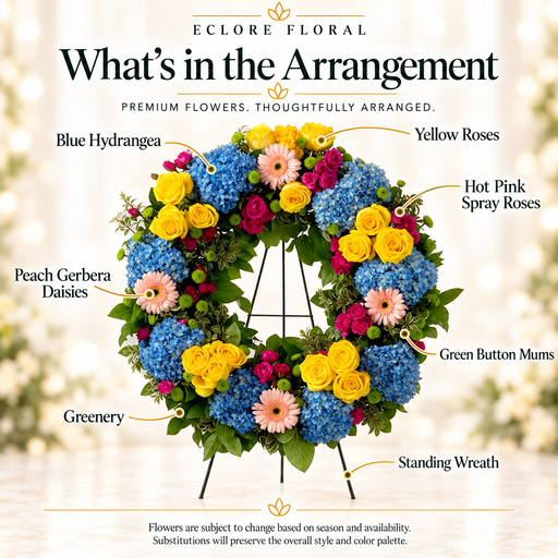 What's in the Arrangement guide for Multi-colored wreath Spray