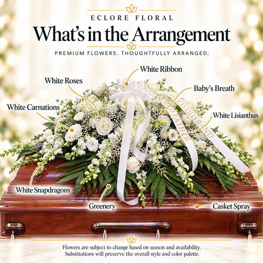 What's in the Arrangement guide for Pure Serenity All-White Funeral Casket Spray