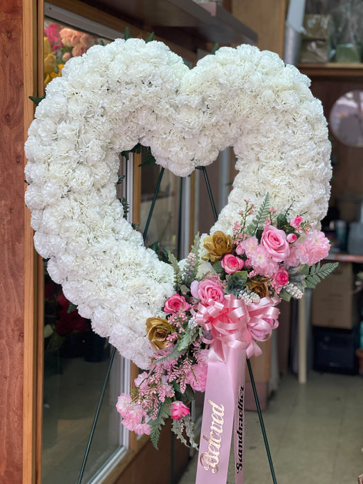 Eternal Love Open Heart Sympathy Arrangement | Artificial Carnation & Rose Funeral Flowers