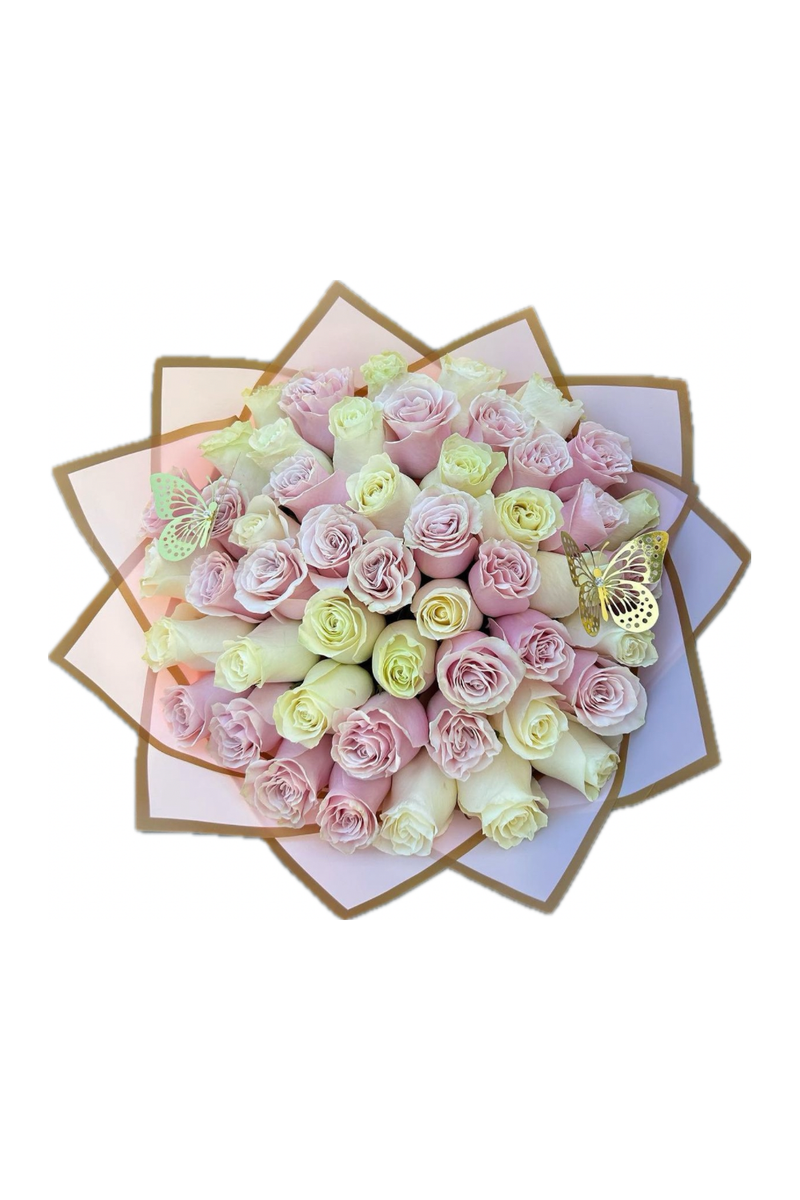 Luxury pink and white rose bouquet wrapped in pastel paper with butterfly accents – Eclore Floral Hackensack NJ
