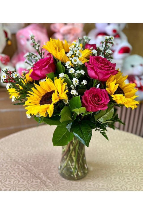 Sunshine Garden bouquet with yellow sunflowers and roses — same-day delivery Hackensack NJ.