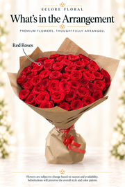 Eclore Floral — What's in the Arrangement: 50 Rose Bouquet. Flower identification guide with seasonal availability disclaimer.
