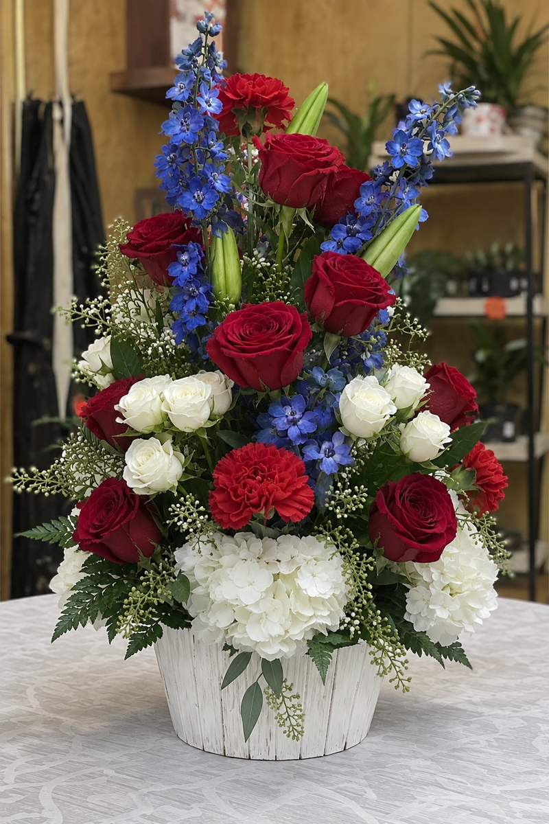 Red Blossom – Red Roses, Blue Delphinium & White Hydrangeas
