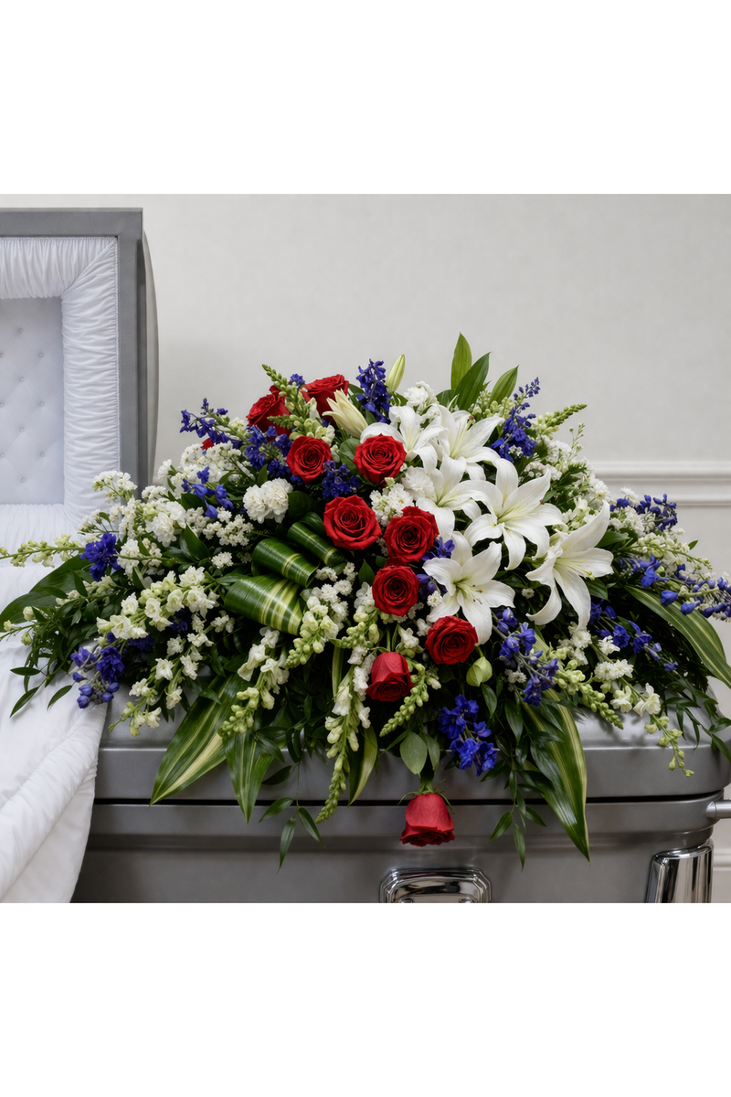 Elegant White & Red Sympathy Casket Spray