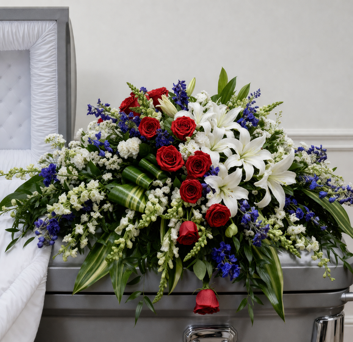 Elegant White & Red Sympathy Casket Spray
