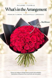 Eclore Floral — What's in the Arrangement: 60 Red Roses Luxury Bouquet – Premium Rose Arrangement. Flower identification guide with seasonal availability disclaimer.