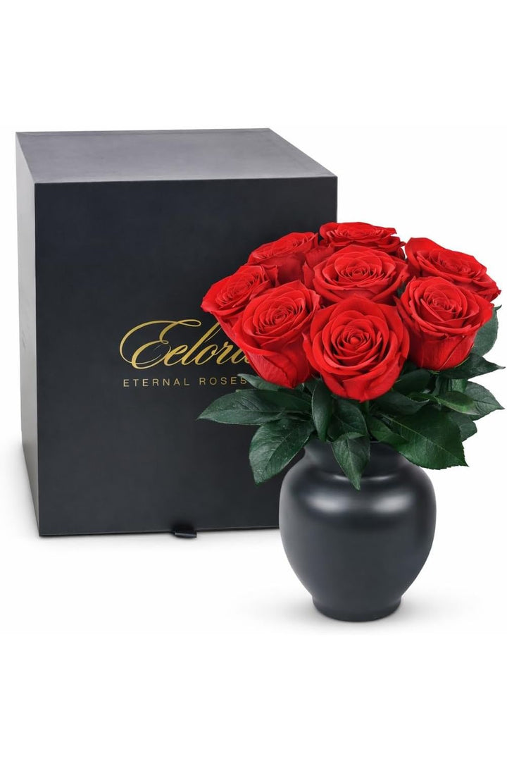 Red preserved roses in matte black vase with luxury gift box – Eclore Floral Hackensack NJ