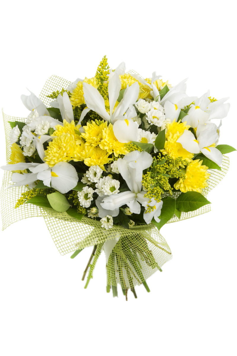 Yellow and white mixed flower bouquet with irises, daisies, chrysanthemums – Eclore Floral NJ