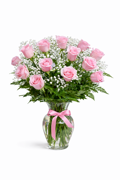 Elegant 12-Rose Vase Arrangement – Classic Red Roses with Baby’s Breath