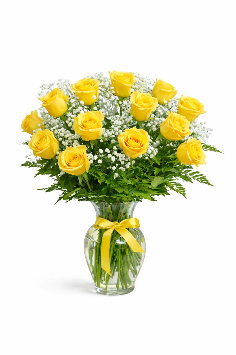 Elegant 12-Rose Vase Arrangement – Classic Red Roses with Baby’s Breath