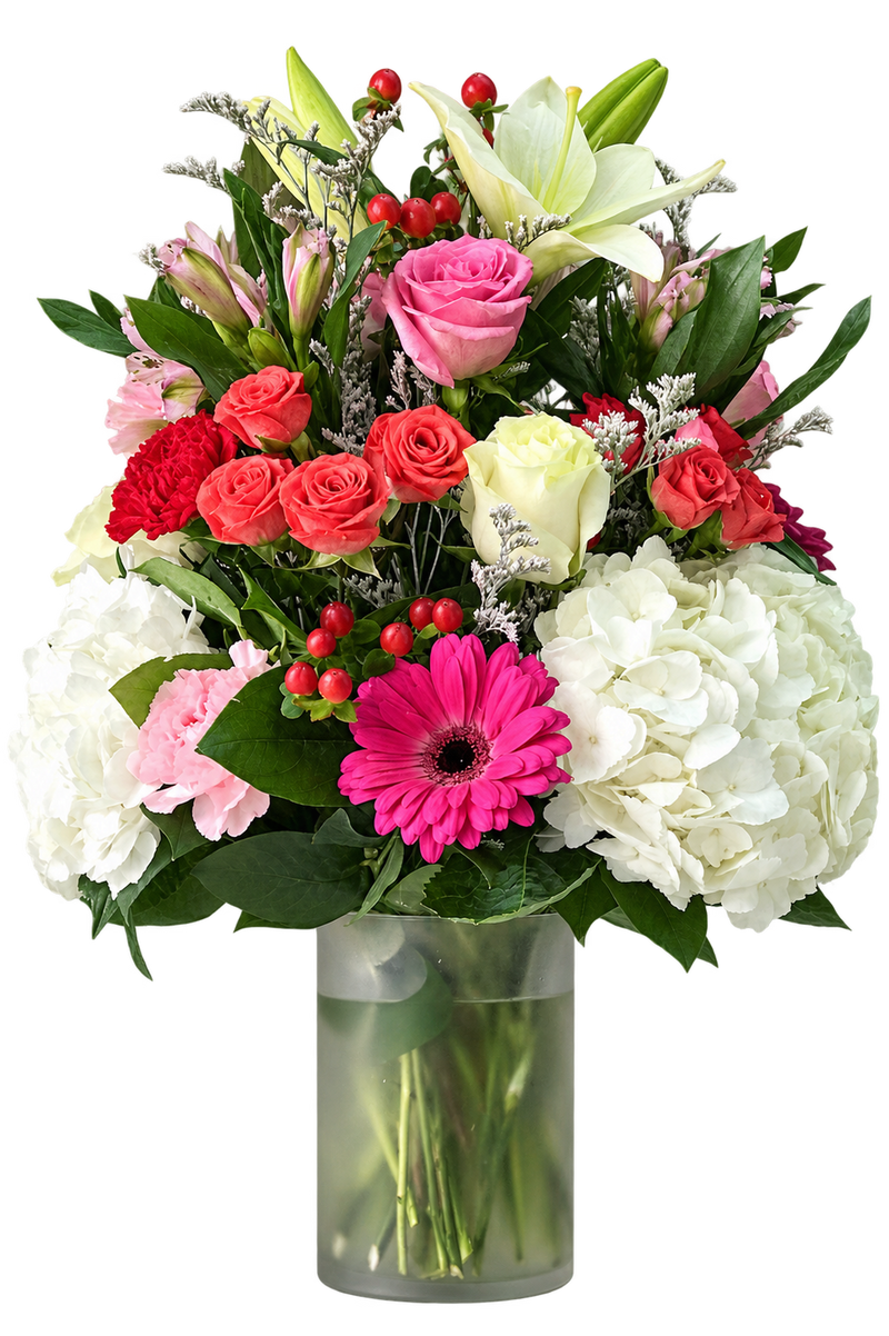 Gerber Hunt Flower Arrangement – Hydrangeas, Gerbera Daisies & Roses