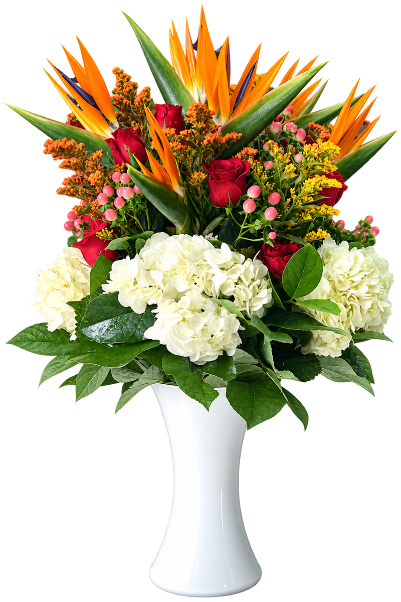 White Berry Floral Arrangement – Birds of Paradise, Roses & Hydrangeas