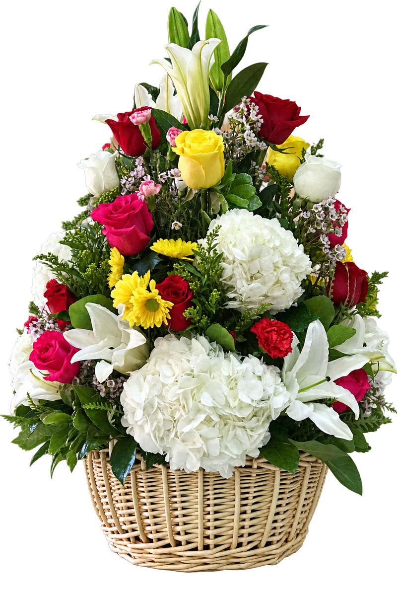 April Bloom Basket Arrangement – Roses, Lilies & Hydrangeas
