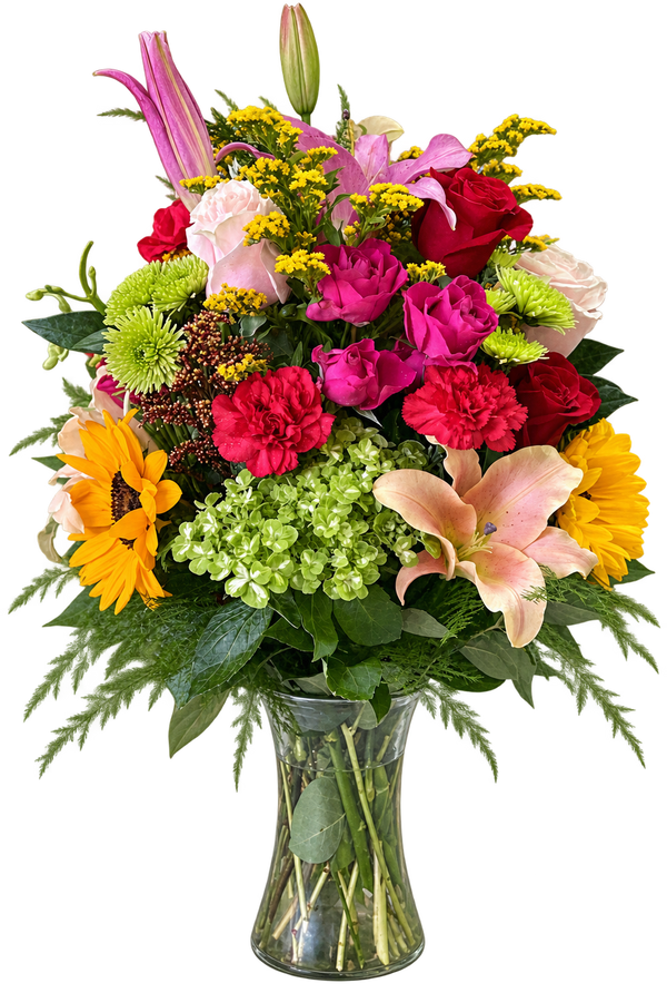 Gabi’s Sunflower Vase Arrangement – Bright Sunflowers, Lilies & Roses