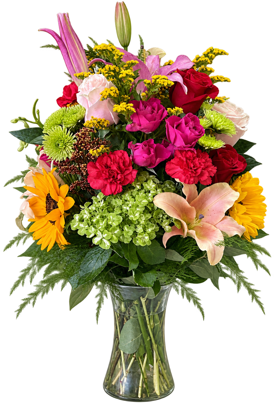 Gabi’s Sunflower Vase Arrangement – Bright Sunflowers, Lilies & Roses