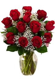 Red roses in a clear vase – short stem arrangement, available for same-day delivery in Hackensack NJ.