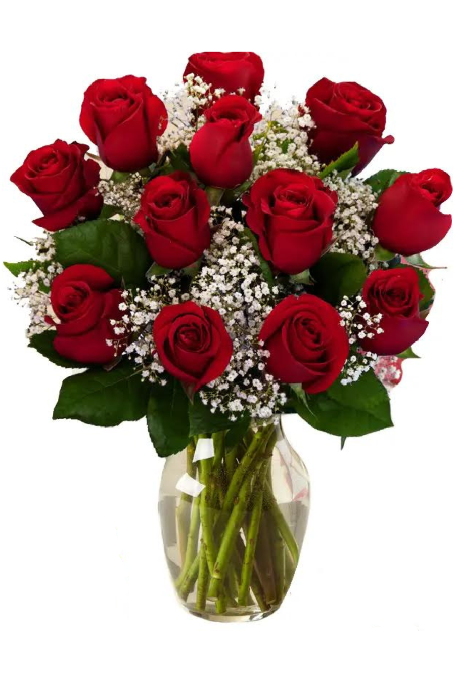 Red roses in a clear vase – short stem arrangement, available for same-day delivery in Hackensack NJ.