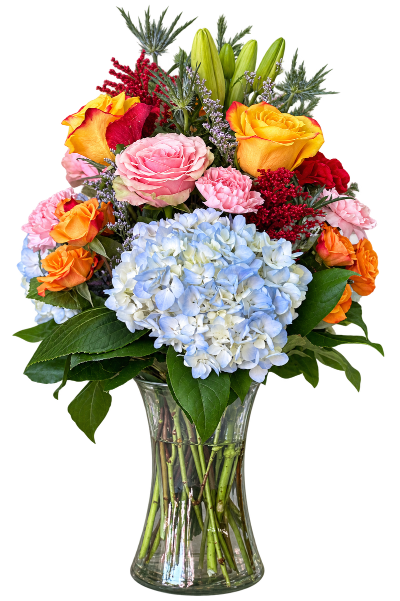 Tropical Blue Flower Arrangement – Hydrangeas, Roses & Lilies