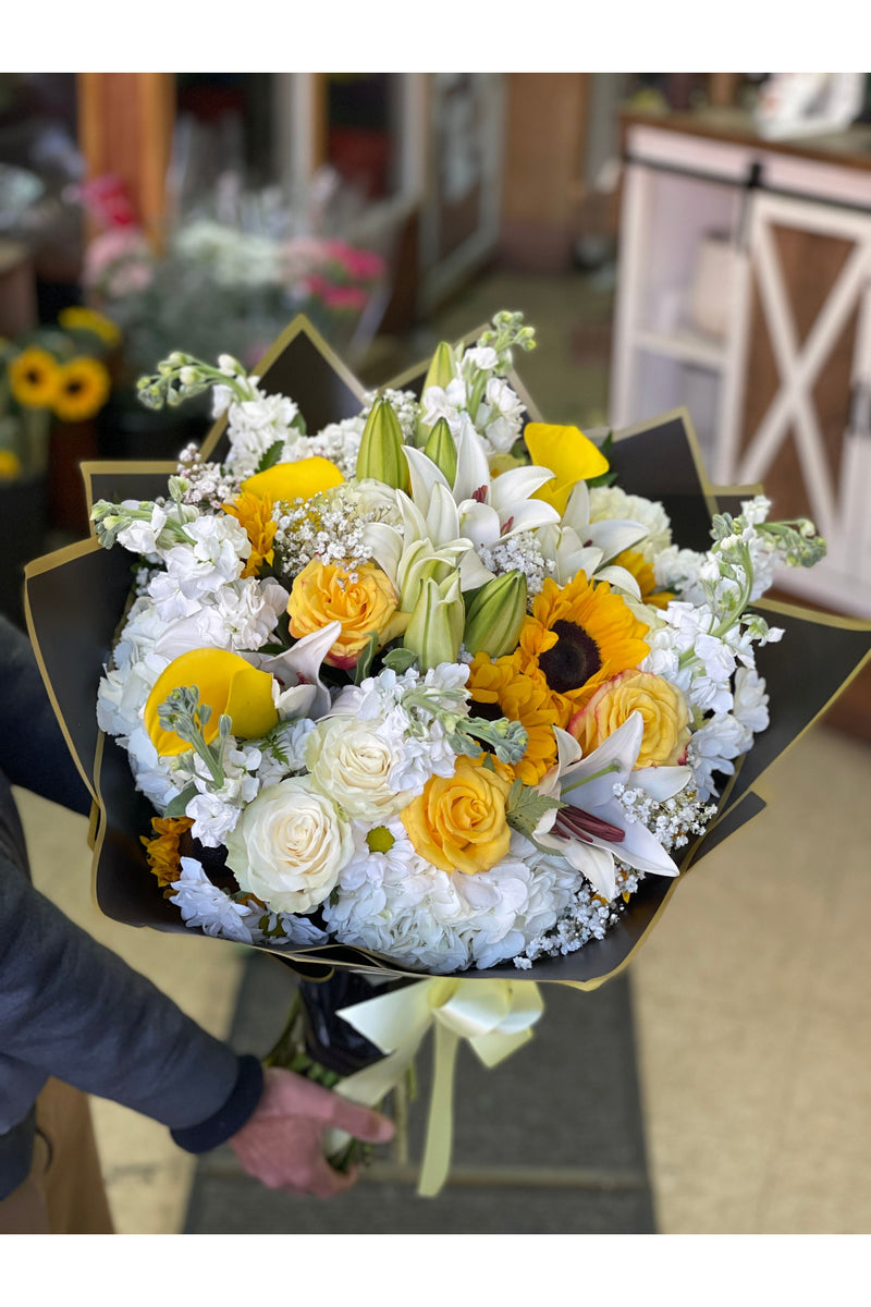 Golden Grace Bouquet with yellow roses, white lilies, sunflowers and hydrangeas – Eclore Floral NJ