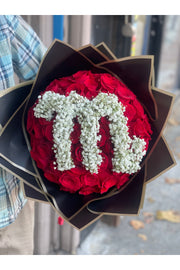 Custom letter rose bouquet with red roses and white baby’s breath initial – Eclore Floral NJ