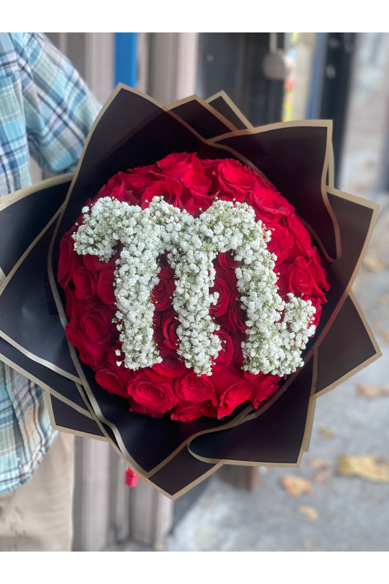 Custom letter rose bouquet with red roses and white baby’s breath initial – Eclore Floral NJ