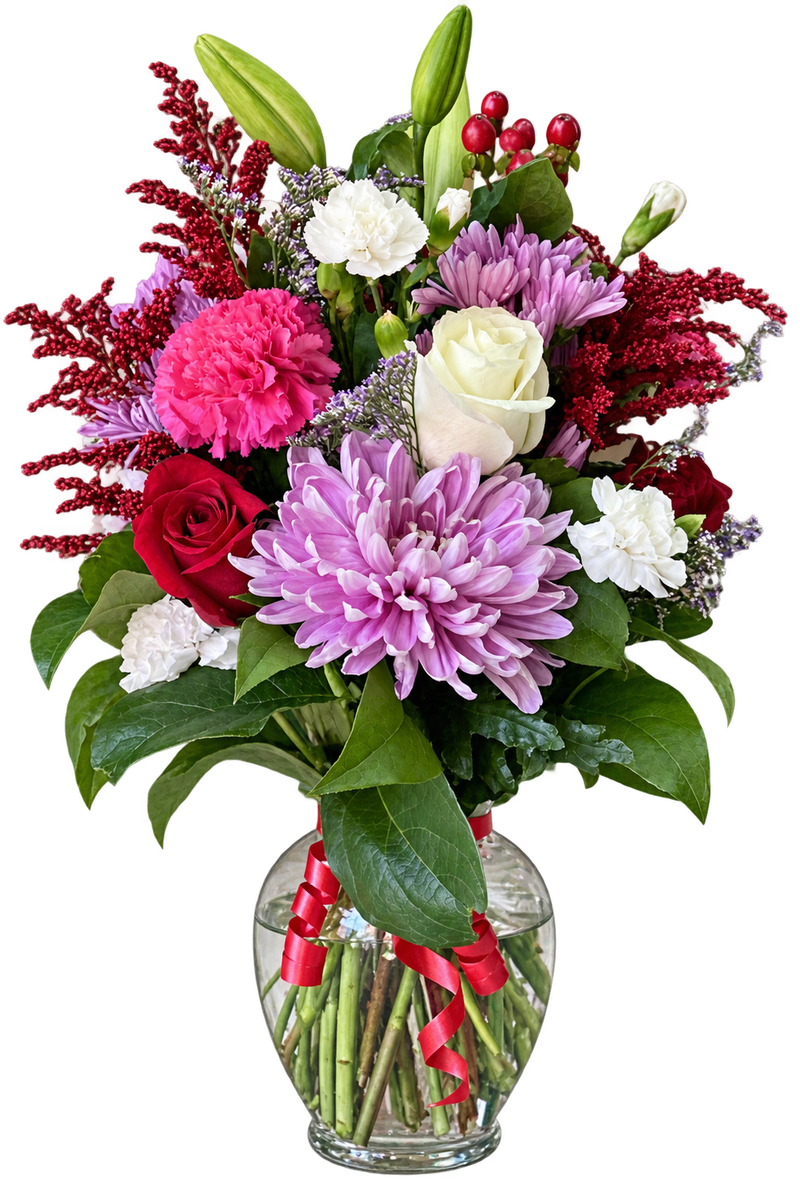 Purple Blush Flower Vase Arrangement – Roses, Lilies, Carnations & Chrysanthemums