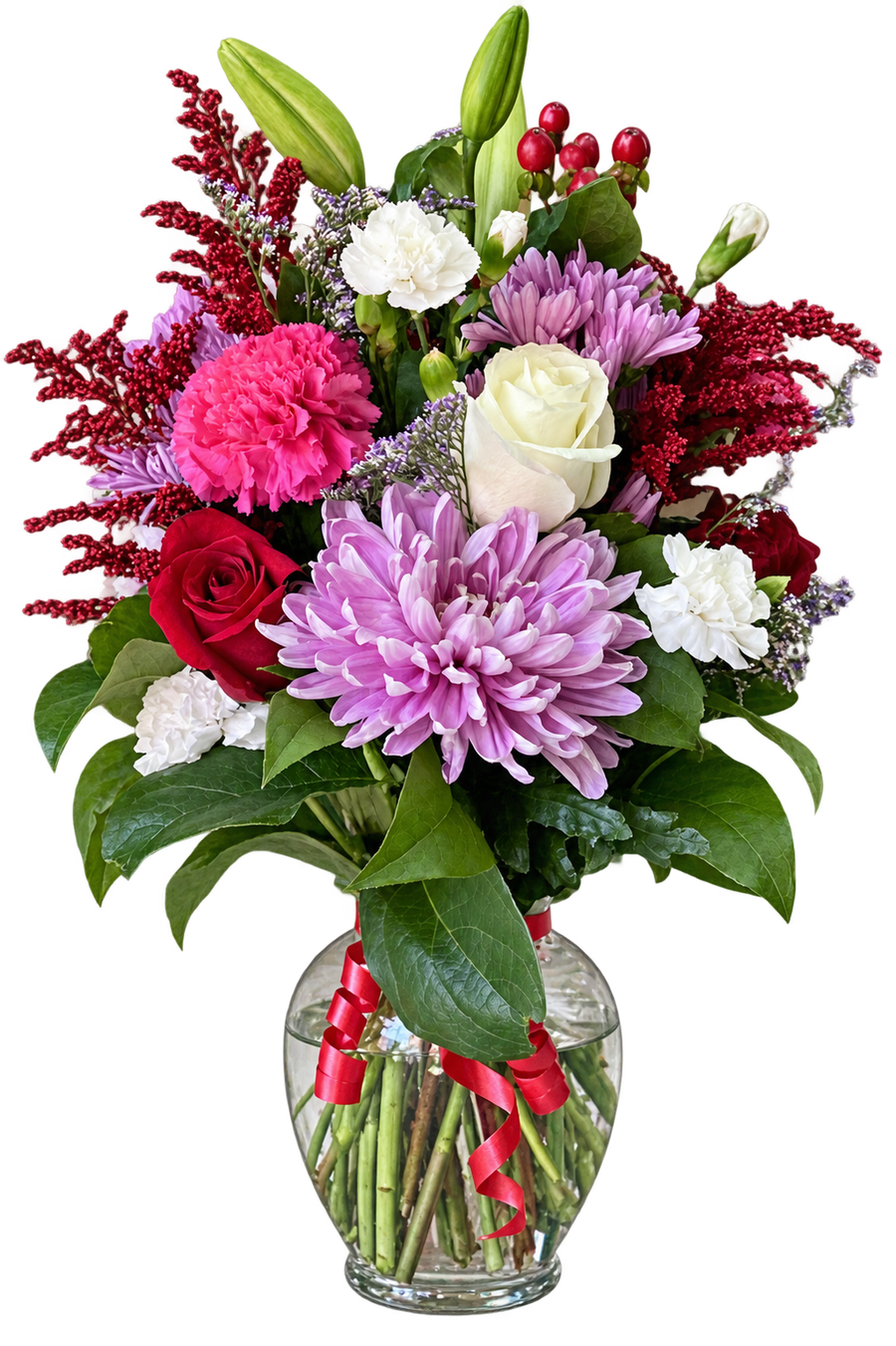 Purple Blush Flower Vase Arrangement – Roses, Lilies, Carnations & Chrysanthemums