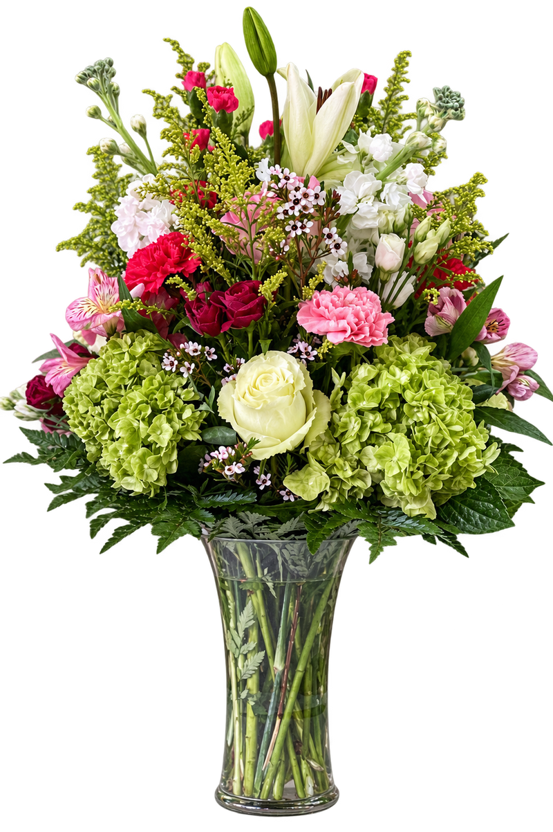 Green Berry Flower Arrangement – Hydrangeas, Roses & Lilies