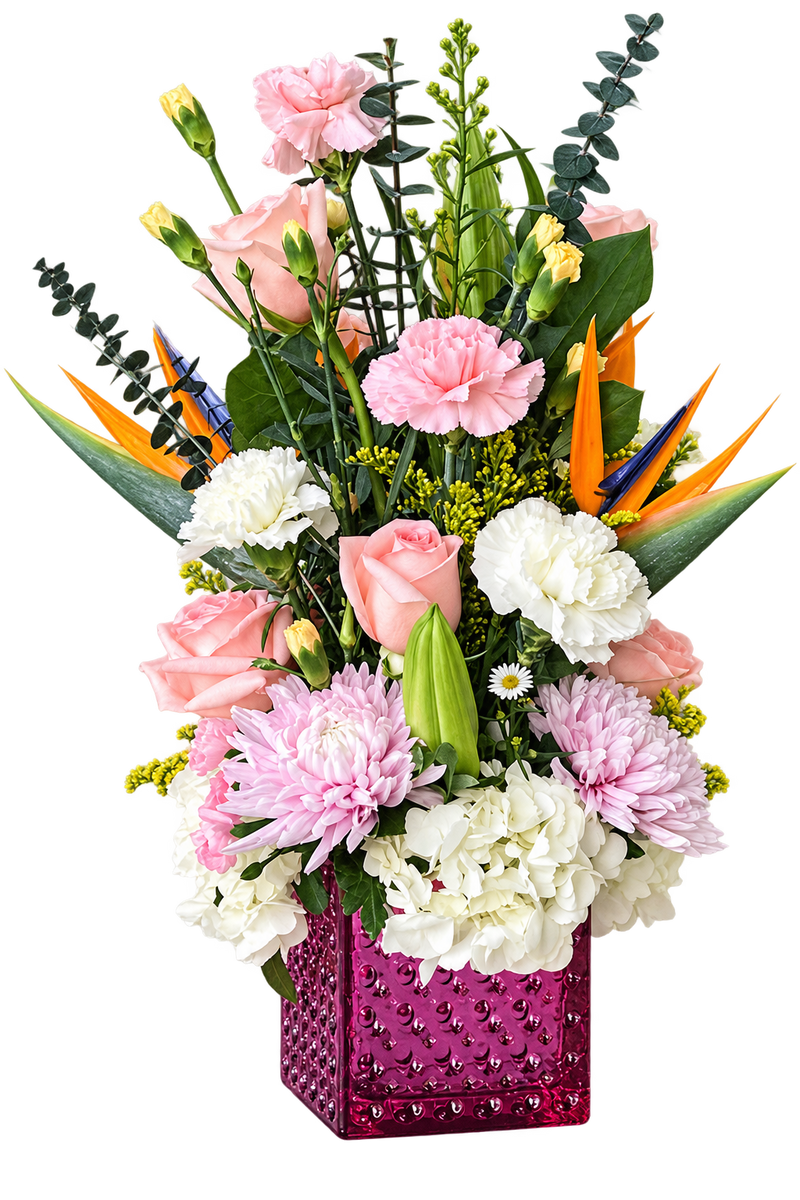 Pink Berry Flower Arrangement – Hydrangeas, Roses & Birds of Paradise