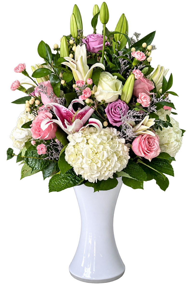 Vanilla Frost – Elegant Pink & White Flower Arrangement in a Vase