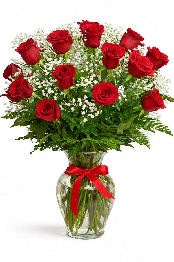 Elegant 12-Rose Vase Arrangement – Classic Red Roses with Baby’s Breath