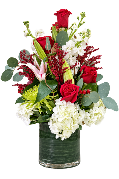 Crystal Rose – Elegant Red Rose & Hydrangea Arrangement