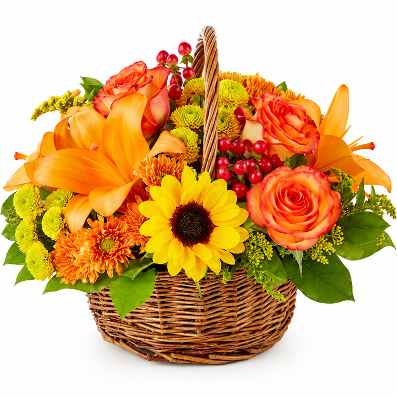 Autumn Sunflower Basket – Roses, Lilies & Fall Flowers