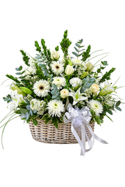 Serenity White Basket with white roses, lilies, mums, greenery and satin bow from Eclore Floral