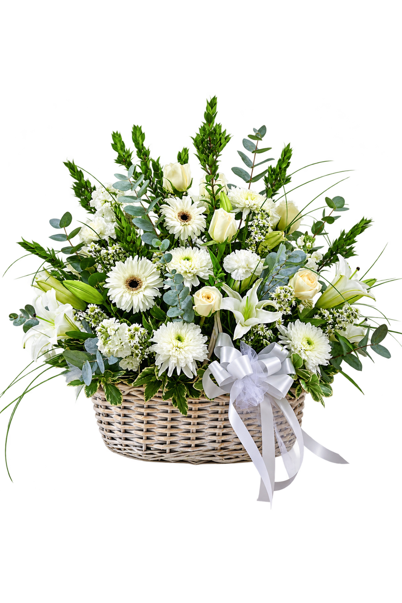 Serenity White Basket with white roses, lilies, mums, greenery and satin bow from Eclore Floral