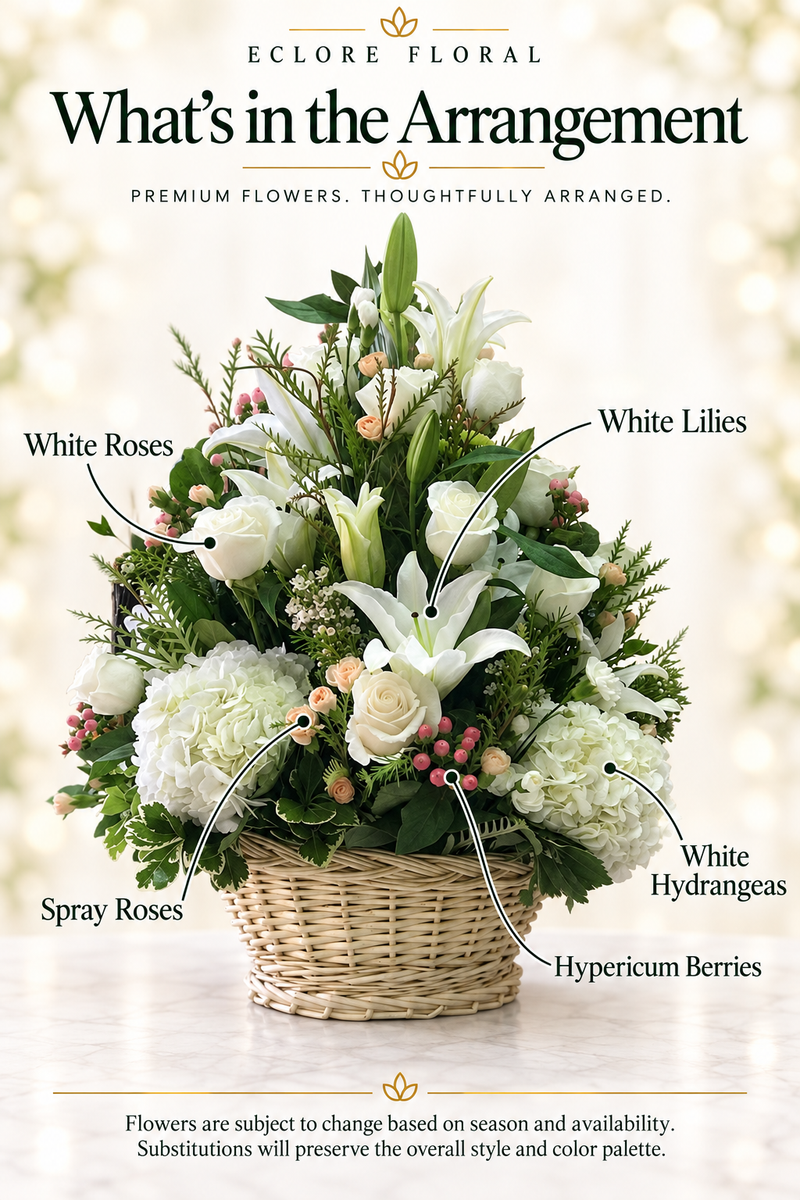 All White Basket — Eclore Floral flower guide with seasonal availability disclosure