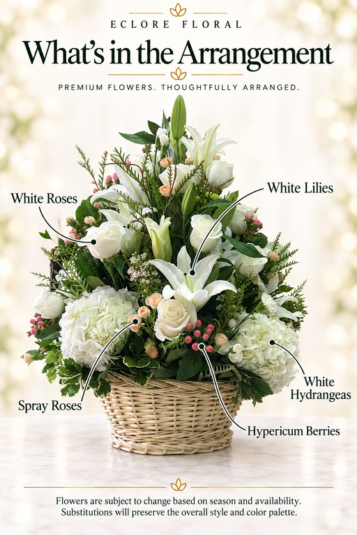 All White Basket — Eclore Floral flower guide with seasonal availability disclosure