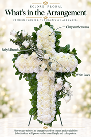 All-White Funeral Cross Standing Spray [SS001] — Eclore Floral flower guide. Flowers are subject to season and availability; substitutions preserve style and color palette.