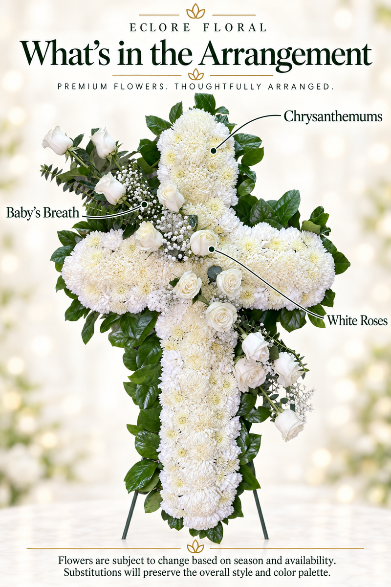 All-White Funeral Cross Standing Spray [SS001] — Eclore Floral flower guide. Flowers are subject to season and availability; substitutions preserve style and color palette.