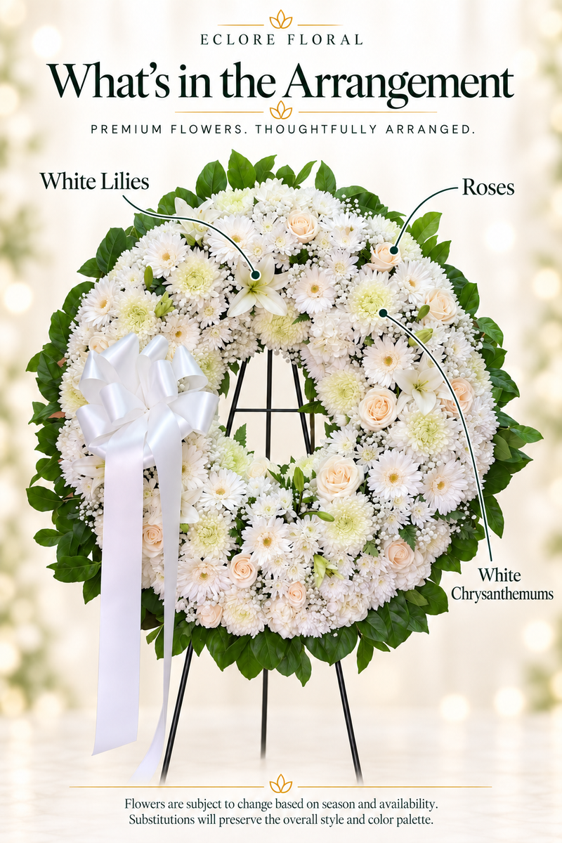 Eclore Floral — What’s in the Arrangement: All-White Funeral Wreath – Elegant Tribute. Flowers may vary with season and availability.