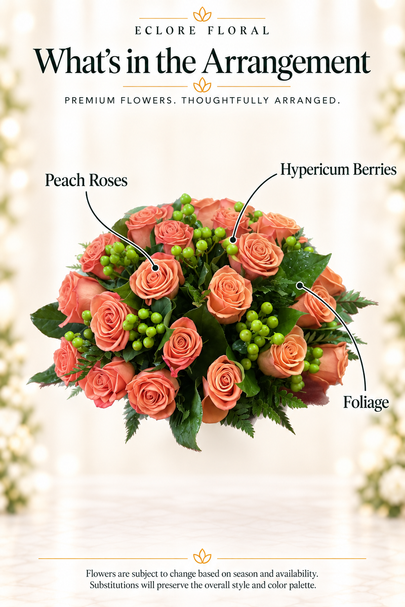 Eclore Floral — What's in the Arrangement: Anabel's Special Rose Bouquet. Flower identification guide with seasonal availability disclaimer.