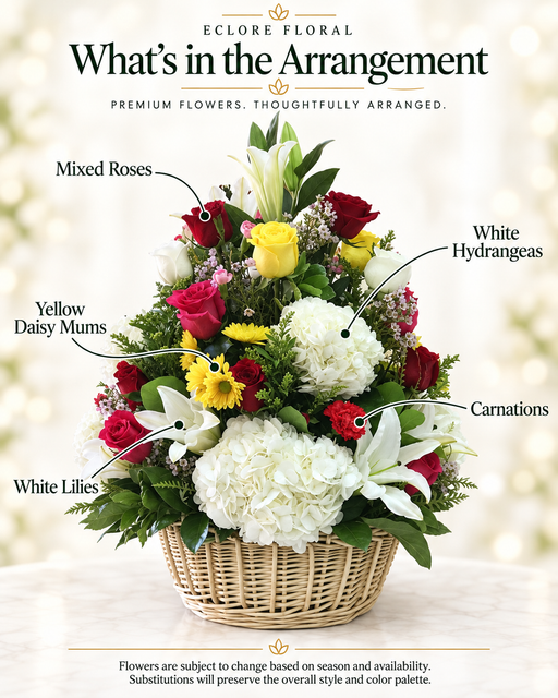 Eclore Floral flower guide for April Bloom Basket Arrangement – Roses, Lilies & Hydrangeas. Flower varieties may vary with season and availability.