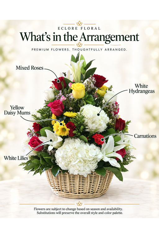Eclore Floral flower guide for April Bloom Basket Arrangement – Roses, Lilies & Hydrangeas. Flower varieties may vary with season and availability.