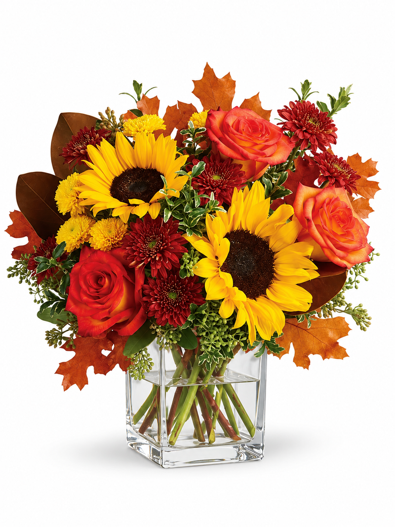 Autumn Harvest yellow sunflower and orange rose bouquet in clear glass square vase