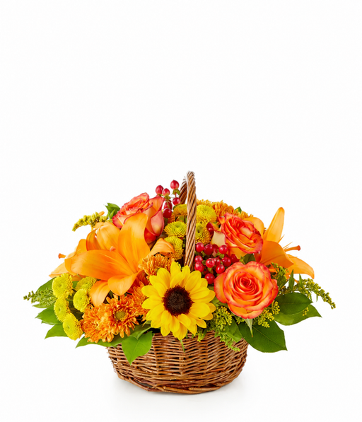 Autumn Sunflower Basket with orange roses and lilies in woven basket