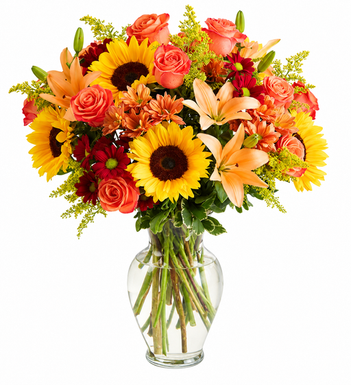 Autumn Sunshine sunflower, rose and lily bouquet in clear vase on white background